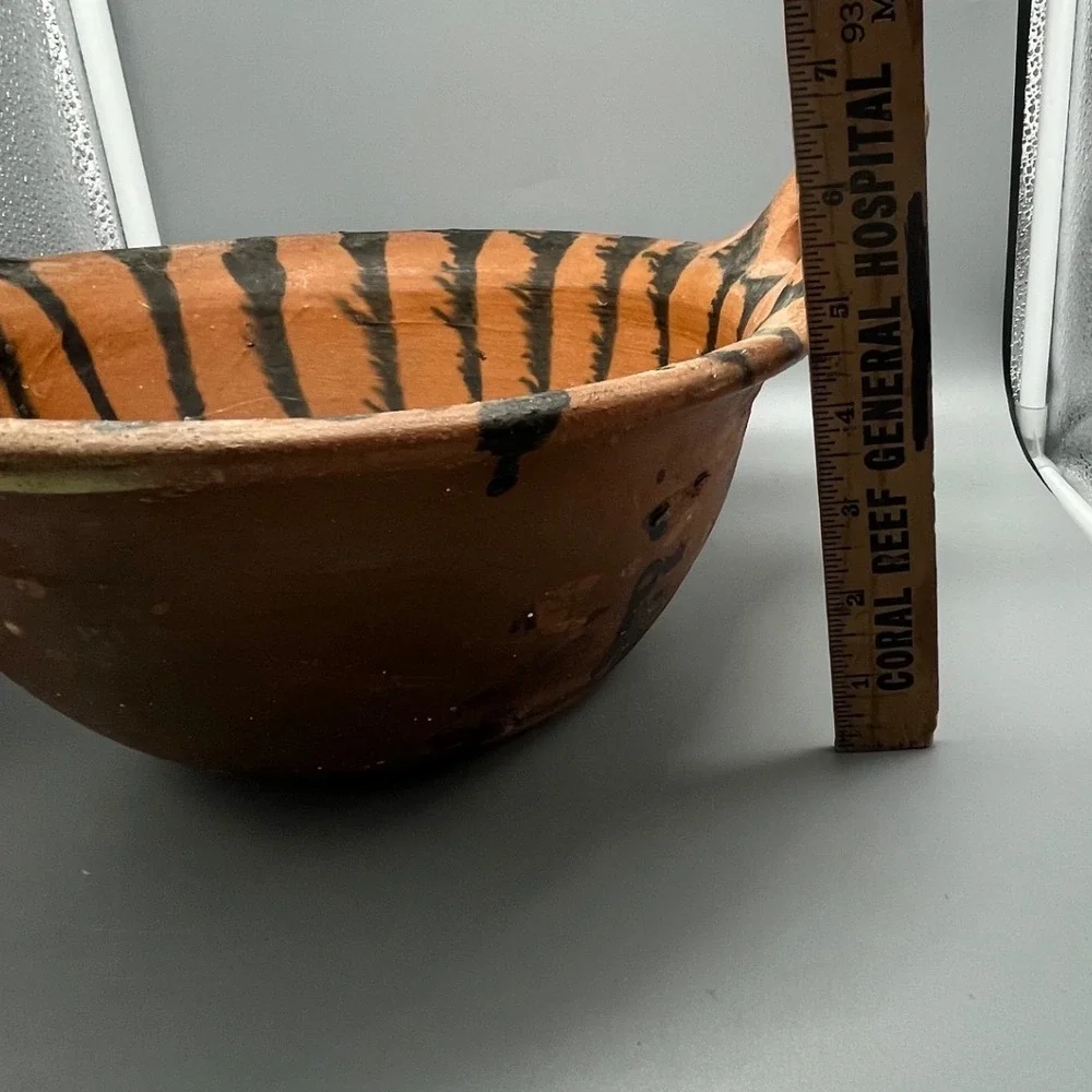 Puebla Ware Pottery Bowl‎ w/ Black Linear Design Vtg Handmade Pottery Terracotta